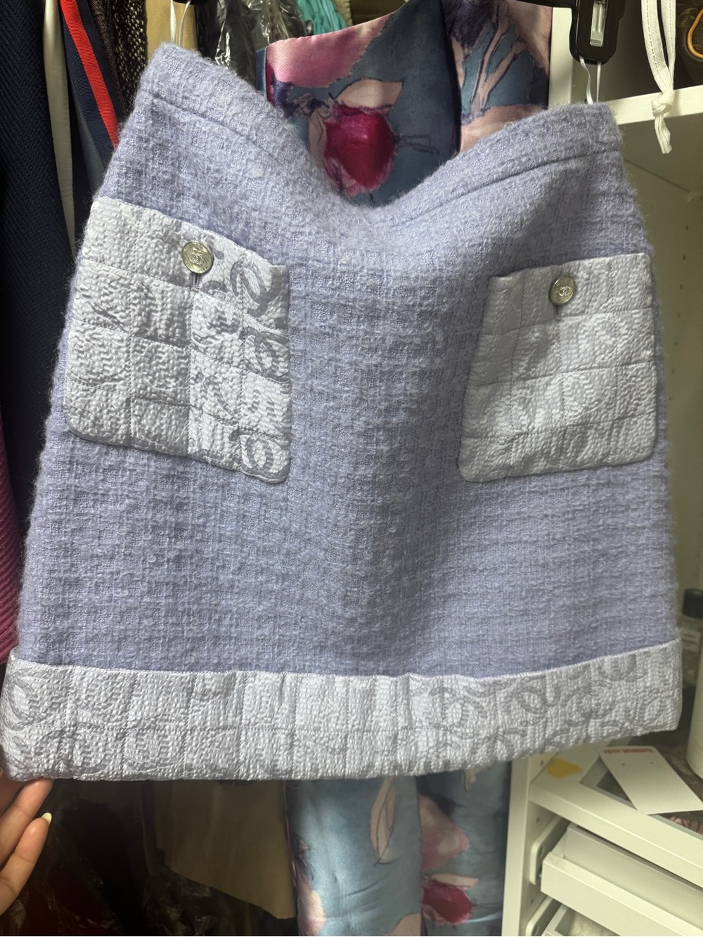 CHANEL Lavender Bouclé Mini Skirt with Contrast Pockets